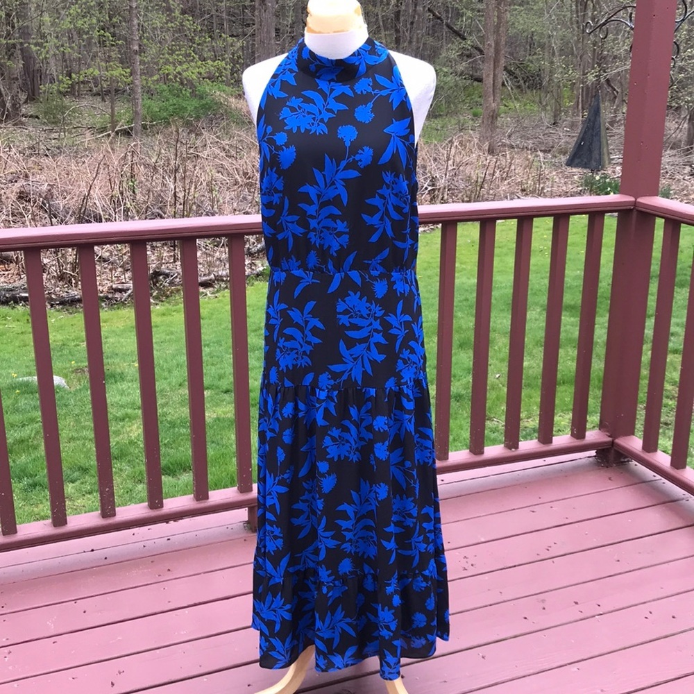 Sam Edelman Size 14 blue combo halter graphic botanic halter midi dress - Picture 2 of 11